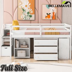 Bellemave® Full Size Low Loft Bed with Stairs,Desk,Storage Drawers & Shelves, Wood Kids Loft Bed with Steps, Espresso - Bellemave
