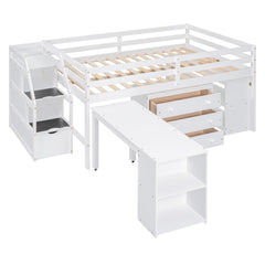 Bellemave® Full Size Low Loft Bed with Stairs,Desk,Storage Drawers & Shelves, Wood Kids Loft Bed with Steps, Espresso - Bellemave