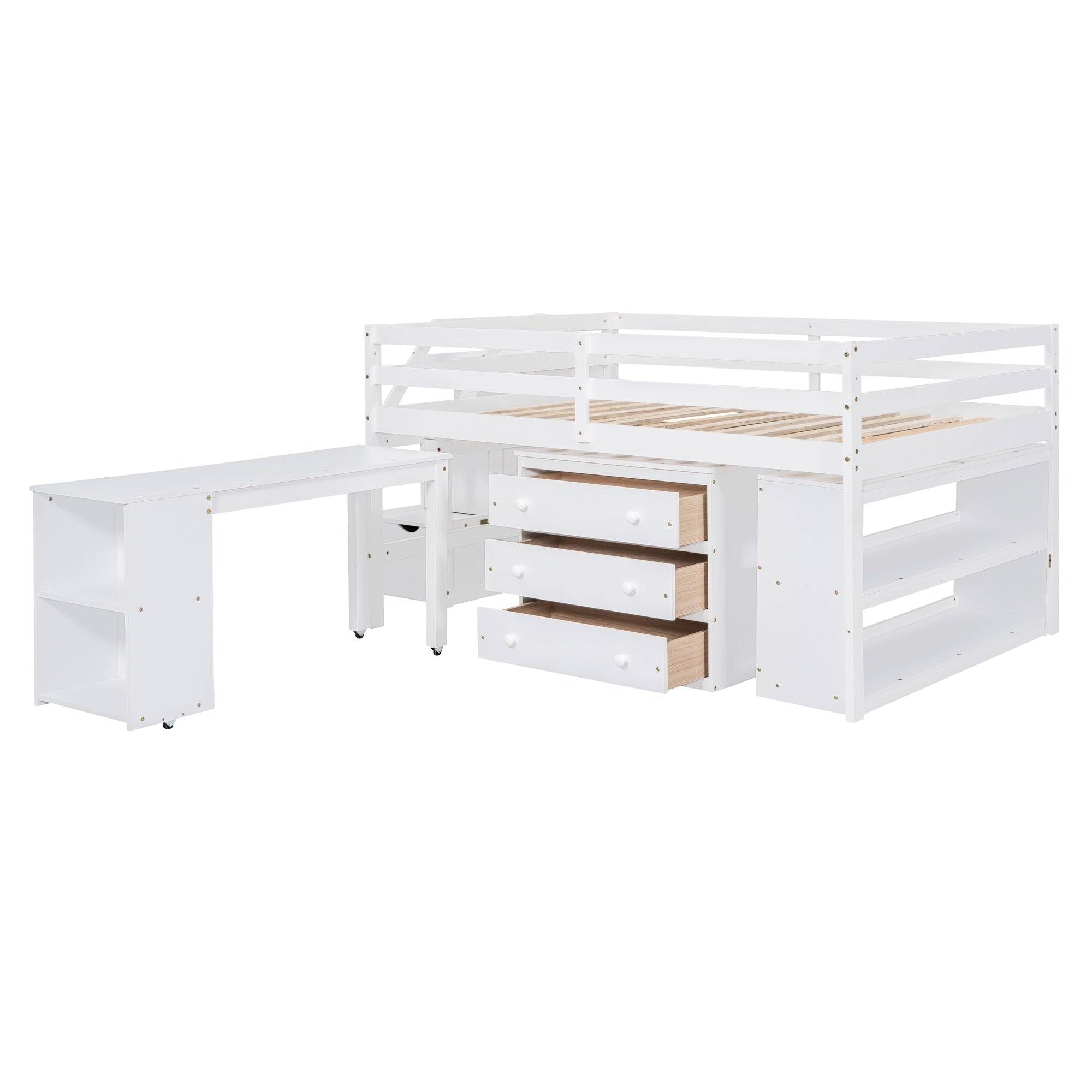Bellemave® Full Size Low Loft Bed with Stairs,Desk,Storage Drawers & Shelves, Wood Kids Loft Bed with Steps, Espresso - Bellemave