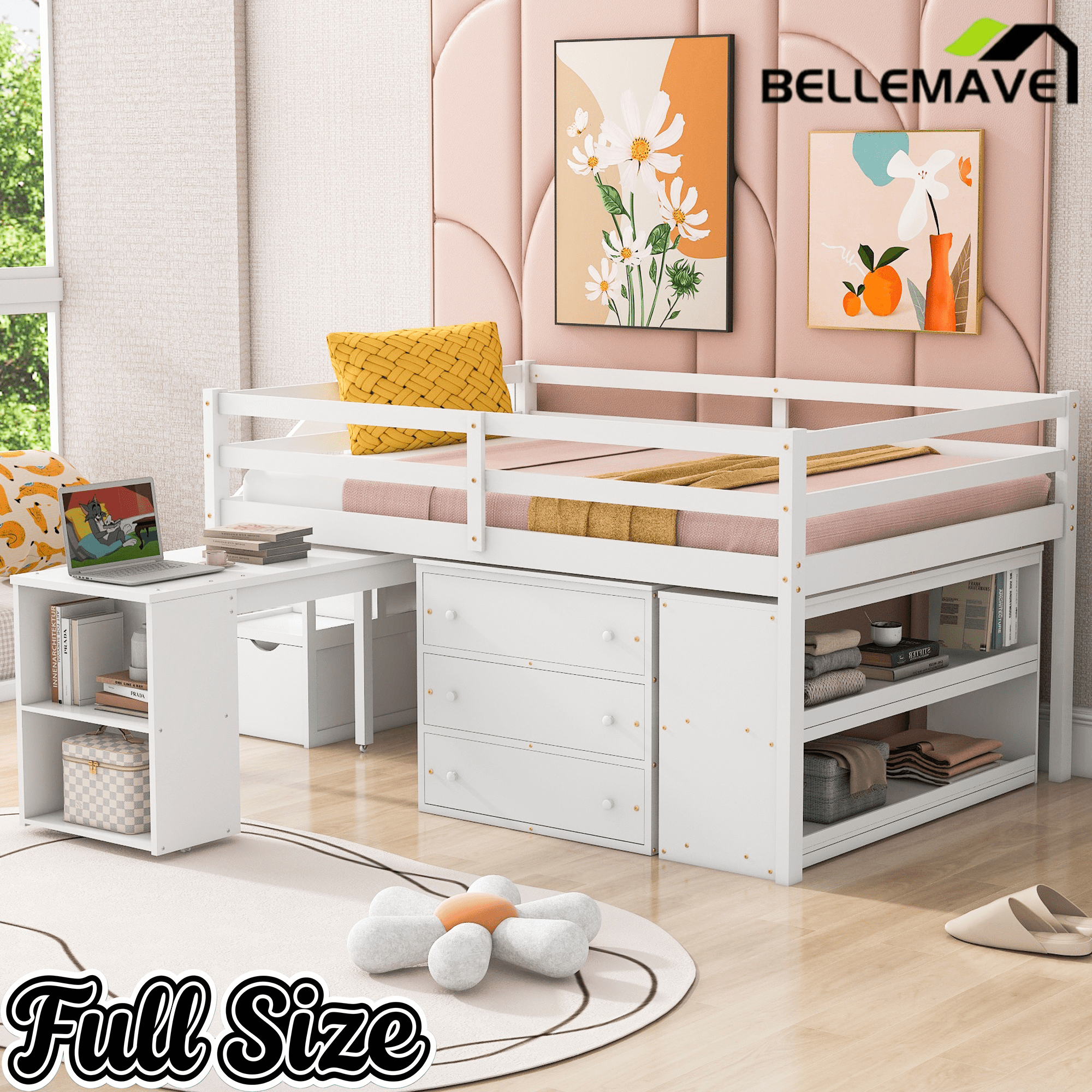 Bellemave® Full Size Low Loft Bed with Stairs,Desk,Storage Drawers & Shelves, Wood Kids Loft Bed with Steps, Espresso - Bellemave