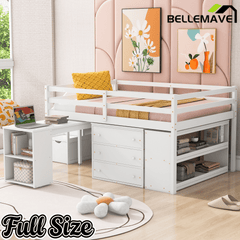 Bellemave® Full Size Low Loft Bed with Stairs,Desk,Storage Drawers & Shelves, Wood Kids Loft Bed with Steps, Espresso - Bellemave