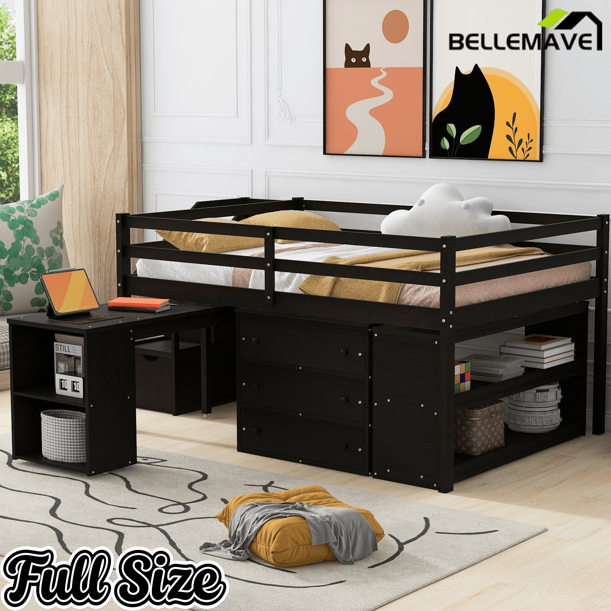 Bellemave® Full Size Low Loft Bed with Stairs,Desk,Storage Drawers & Shelves, Wood Kids Loft Bed with Steps, Espresso - Bellemave