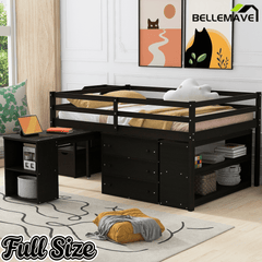 Bellemave® Full Size Low Loft Bed with Stairs,Desk,Storage Drawers & Shelves, Wood Kids Loft Bed with Steps, Espresso - Bellemave