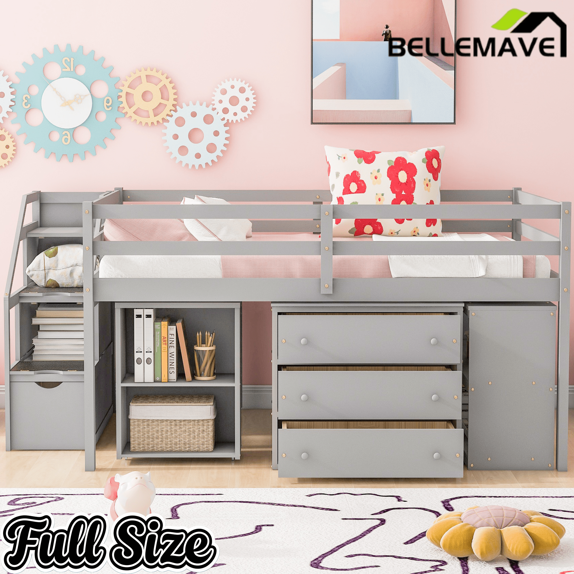 Bellemave® Full Size Low Loft Bed with Stairs,Desk,Storage Drawers & Shelves, Wood Kids Loft Bed with Steps, Espresso - Bellemave