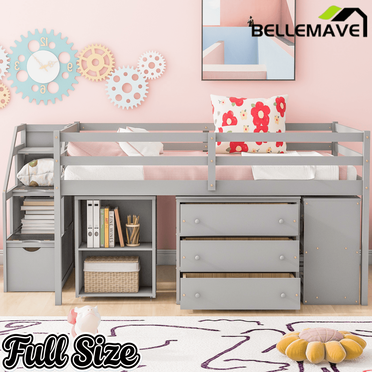 Bellemave® Full Size Low Loft Bed with Stairs,Desk,Storage Drawers & Shelves, Wood Kids Loft Bed with Steps, Espresso - Bellemave