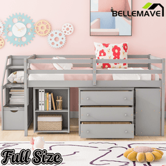 Bellemave® Full Size Low Loft Bed with Stairs,Desk,Storage Drawers & Shelves, Wood Kids Loft Bed with Steps, Espresso - Bellemave
