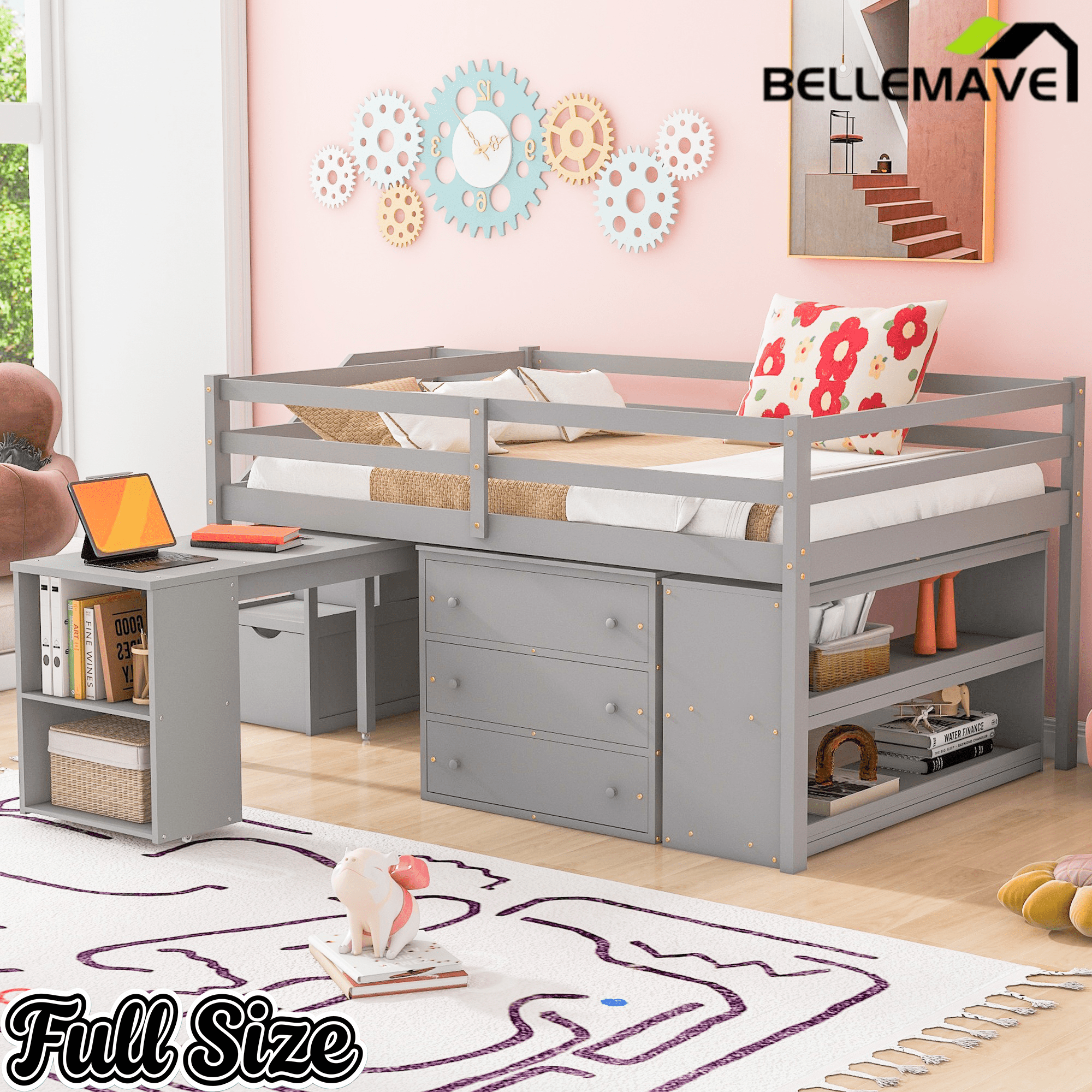 Bellemave® Full Size Low Loft Bed with Stairs,Desk,Storage Drawers & Shelves, Wood Kids Loft Bed with Steps, Espresso - Bellemave