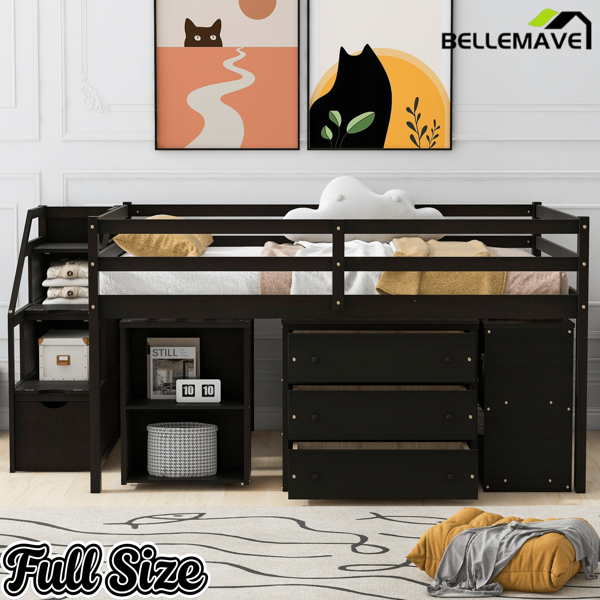 Bellemave® Full Size Low Loft Bed with Stairs,Desk,Storage Drawers & Shelves, Wood Kids Loft Bed with Steps, Espresso - Bellemave