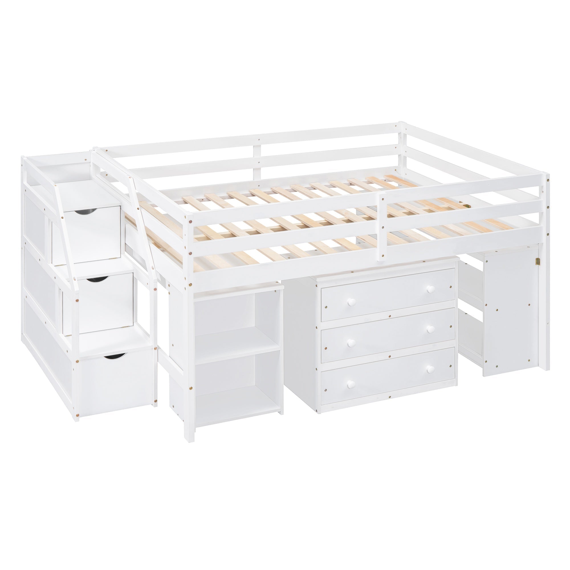 Bellemave® Full Size Low Loft Bed with Stairs,Desk,Storage Drawers & Shelves, Wood Kids Loft Bed with Steps, Espresso - Bellemave