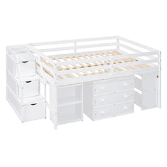 Bellemave® Full Size Low Loft Bed with Stairs,Desk,Storage Drawers & Shelves, Wood Kids Loft Bed with Steps, Espresso - Bellemave