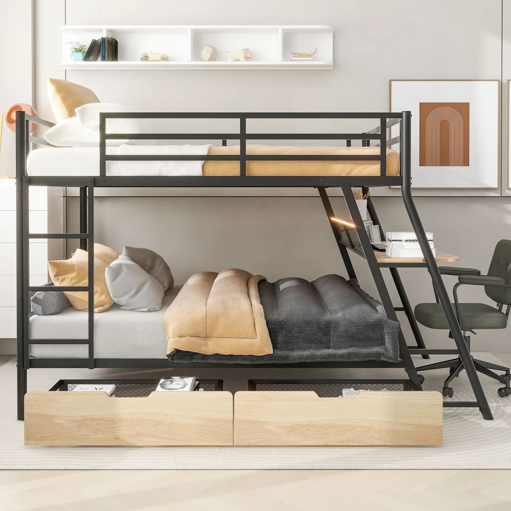 Bellemave® Full Size Metal Bunk Bed with Built - in Desk, LED Light and 2 Drawers - Bellemave