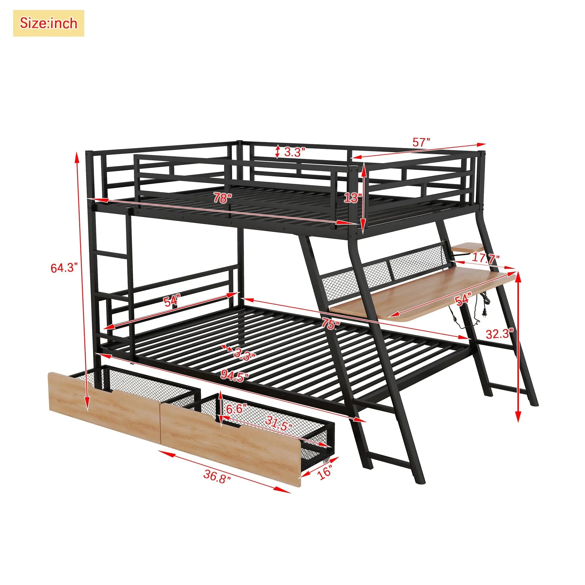 Bellemave® Full Size Metal Bunk Bed with Built - in Desk, LED Light and 2 Drawers - Bellemave