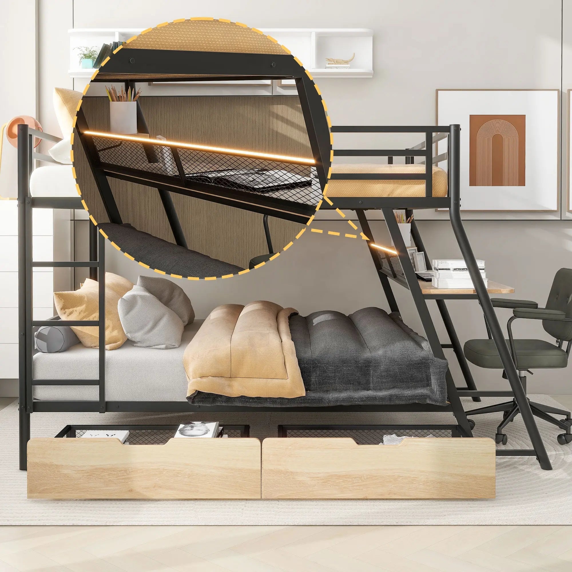 Bellemave® Full Size Metal Bunk Bed with Built - in Desk, LED Light and 2 Drawers - Bellemave