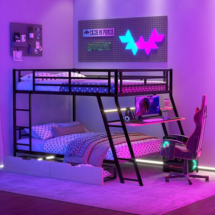 Bellemave® Full Size Metal Bunk Bed with Built - in Desk, LED Light and 2 Drawers - Bellemave