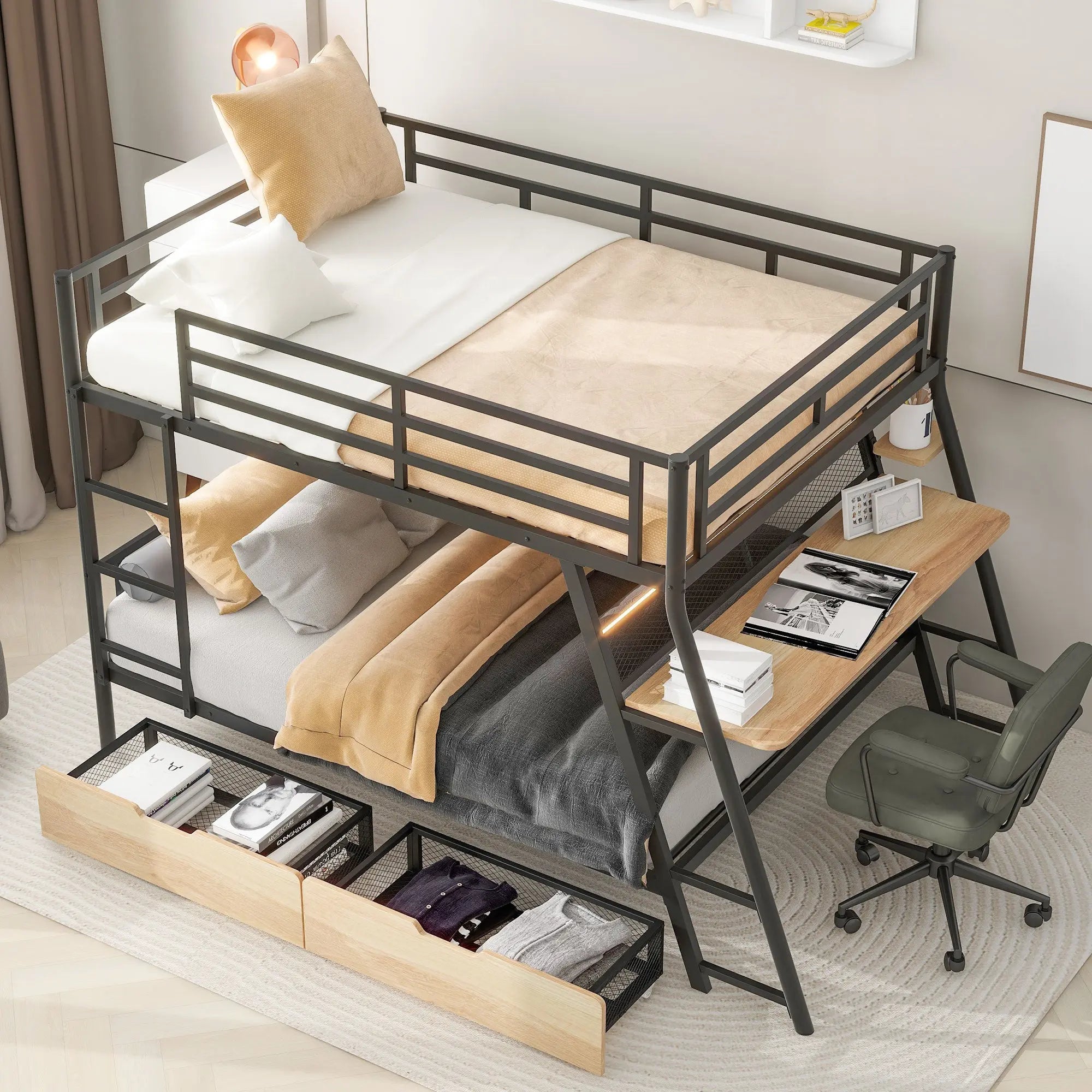 Bellemave® Full Size Metal Bunk Bed with Built - in Desk, LED Light and 2 Drawers - Bellemave