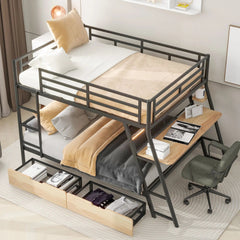 Bellemave® Full Size Metal Bunk Bed with Built - in Desk, LED Light and 2 Drawers - Bellemave