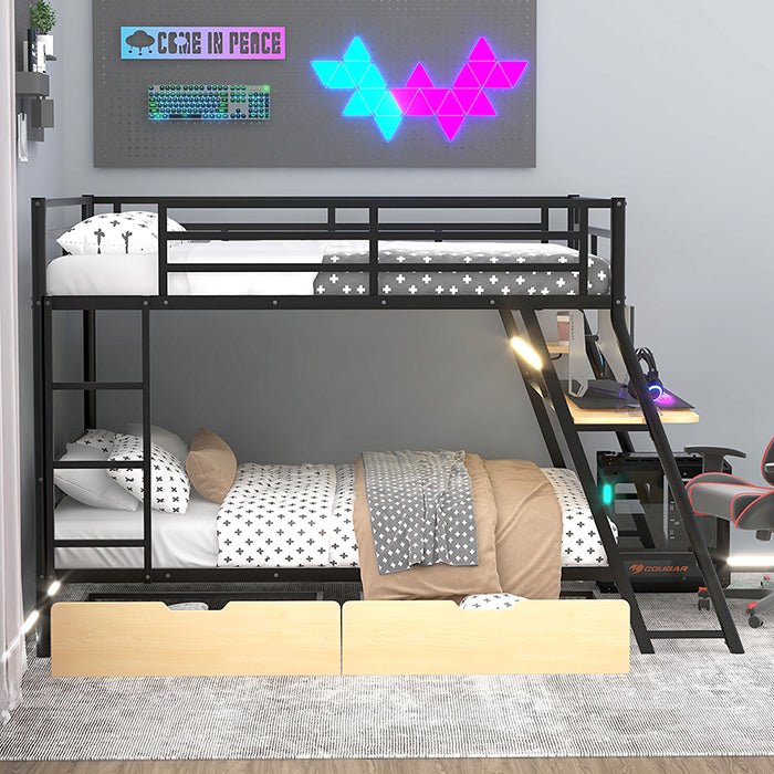Bellemave® Full Size Metal Bunk Bed with Built - in Desk, LED Light and 2 Drawers - Bellemave