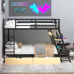 Bellemave® Full Size Metal Bunk Bed with Built - in Desk, LED Light and 2 Drawers - Bellemave