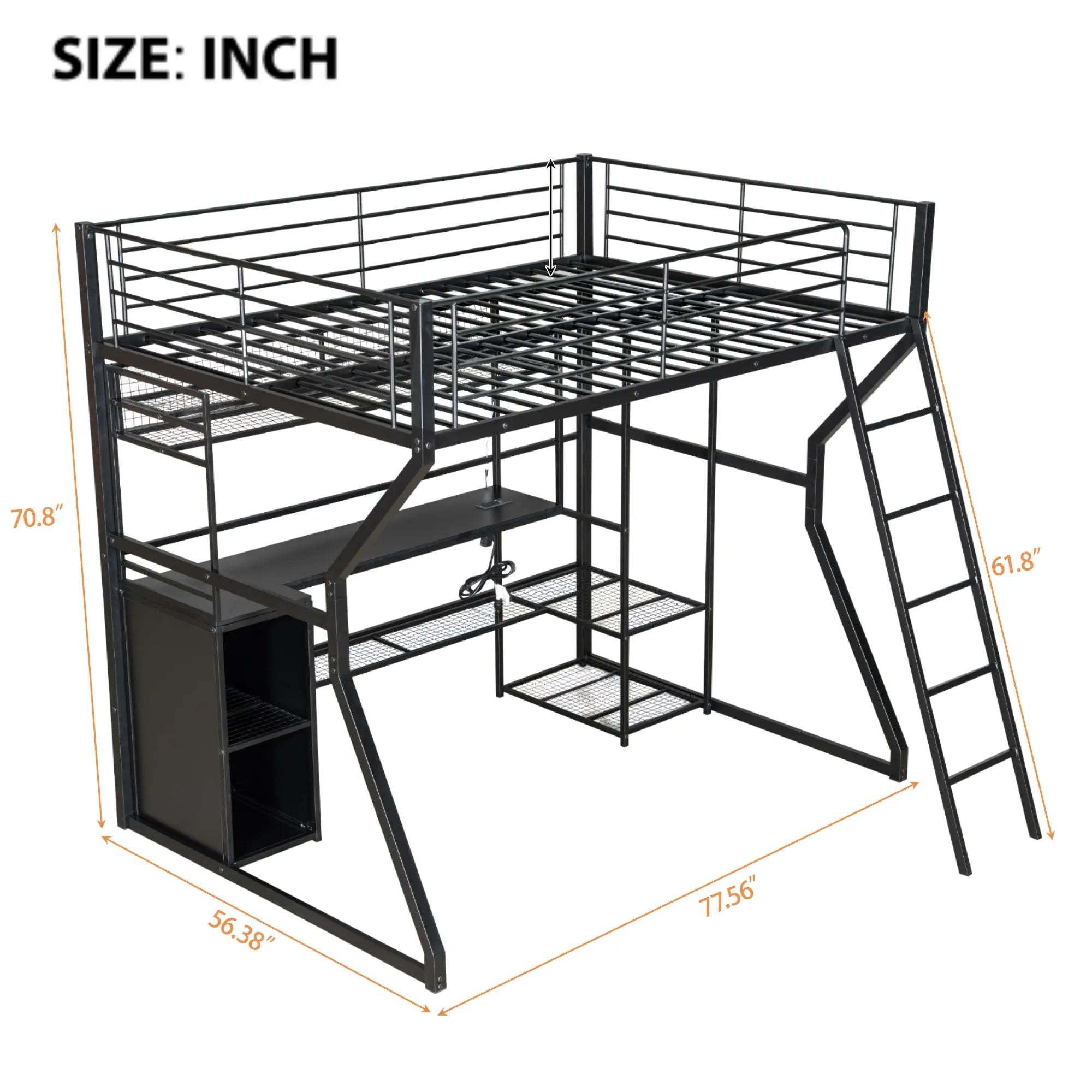 Bellemave® Full Size Metal Gaming Loft Bed with Built - in Work Station, Open Wardrobe, LED and Multiple Storage - Bellemave