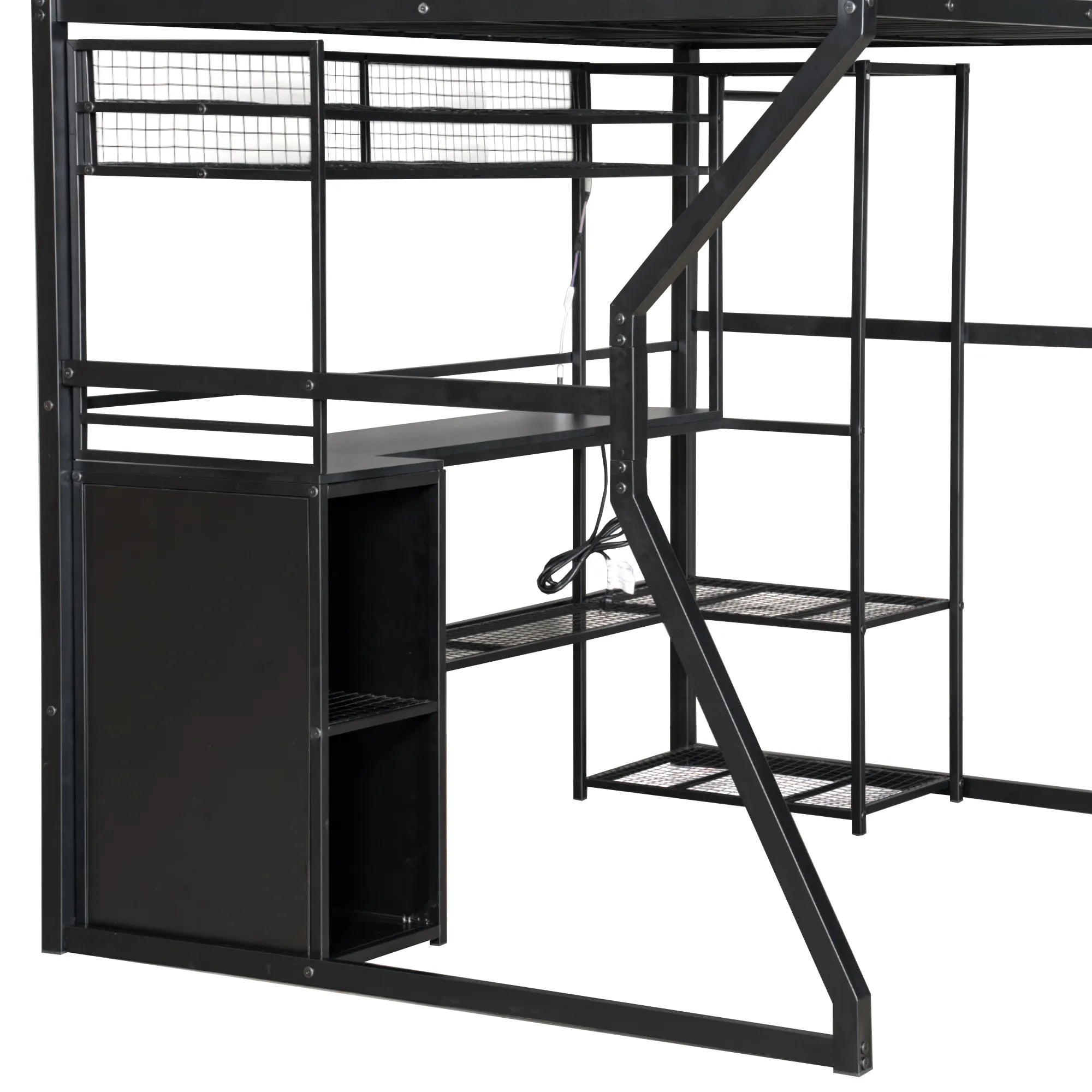 Bellemave® Full Size Metal Gaming Loft Bed with Built - in Work Station, Open Wardrobe, LED and Multiple Storage - Bellemave