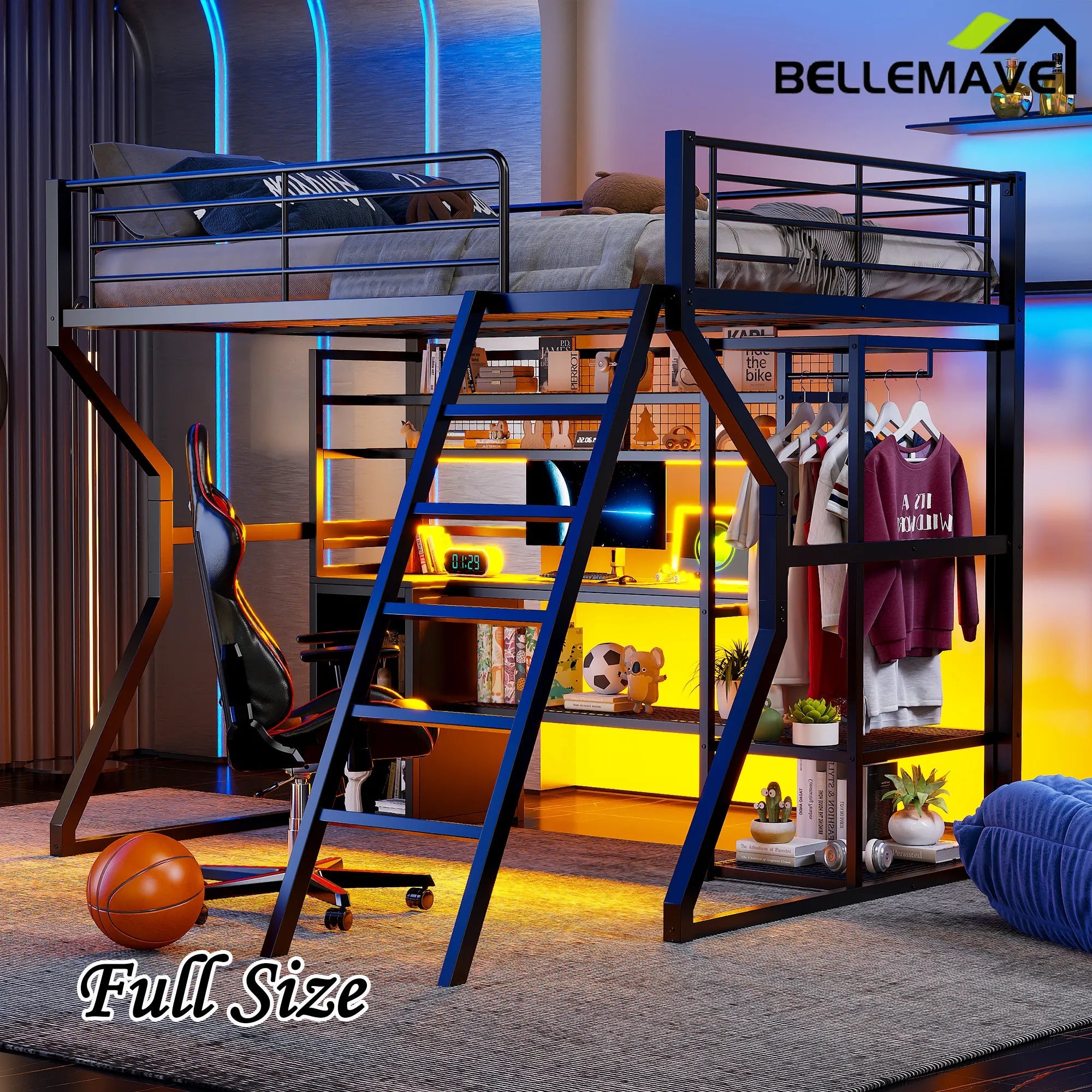 Bellemave® Full Size Metal Gaming Loft Bed with Built - in Work Station, Open Wardrobe, LED and Multiple Storage - Bellemave