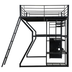 Bellemave® Full Size Metal Gaming Loft Bed with Built - in Work Station, Open Wardrobe, LED and Multiple Storage - Bellemave