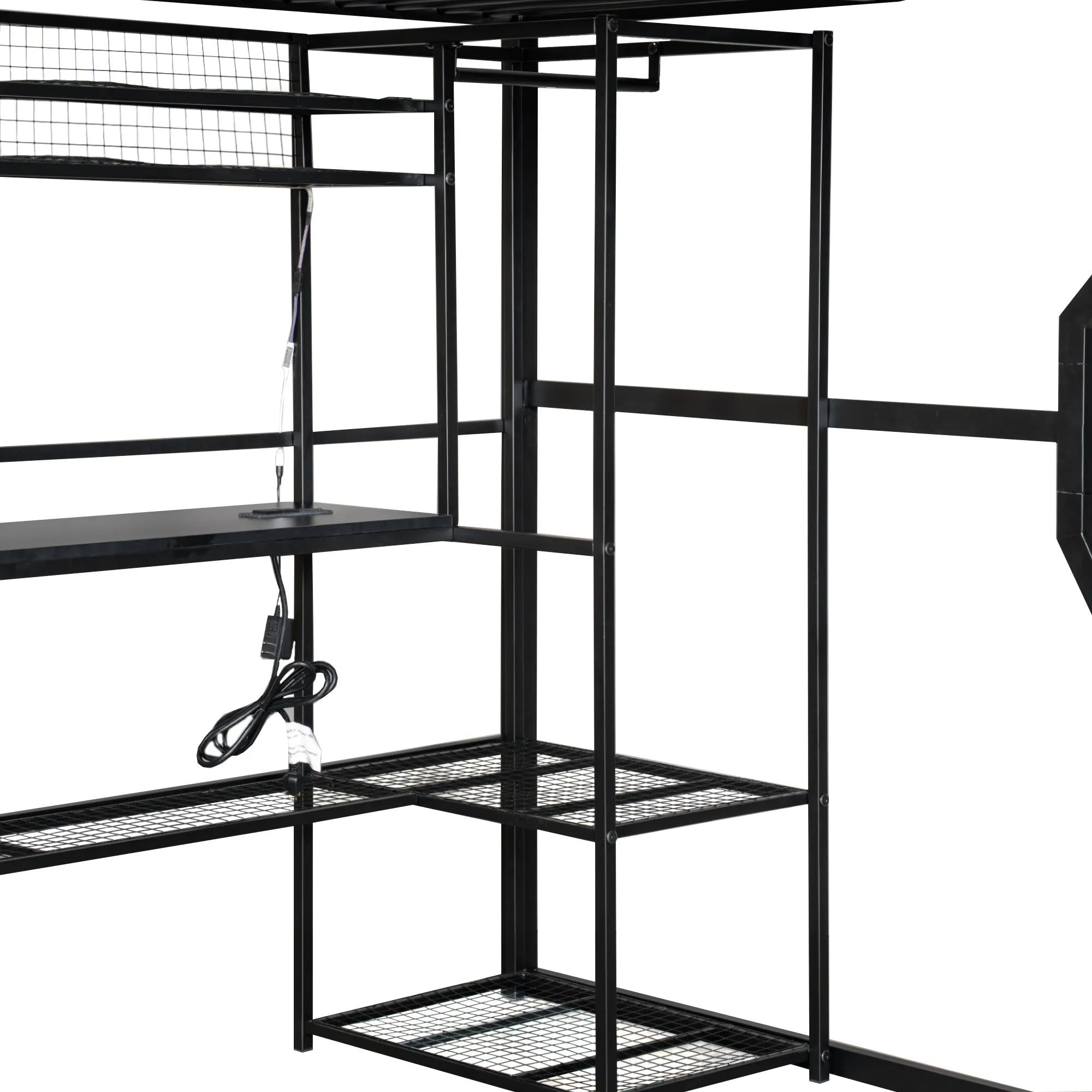 Bellemave® Full Size Metal Gaming Loft Bed with Built - in Work Station, Open Wardrobe, LED and Multiple Storage - Bellemave