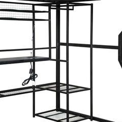 Bellemave® Full Size Metal Gaming Loft Bed with Built - in Work Station, Open Wardrobe, LED and Multiple Storage - Bellemave