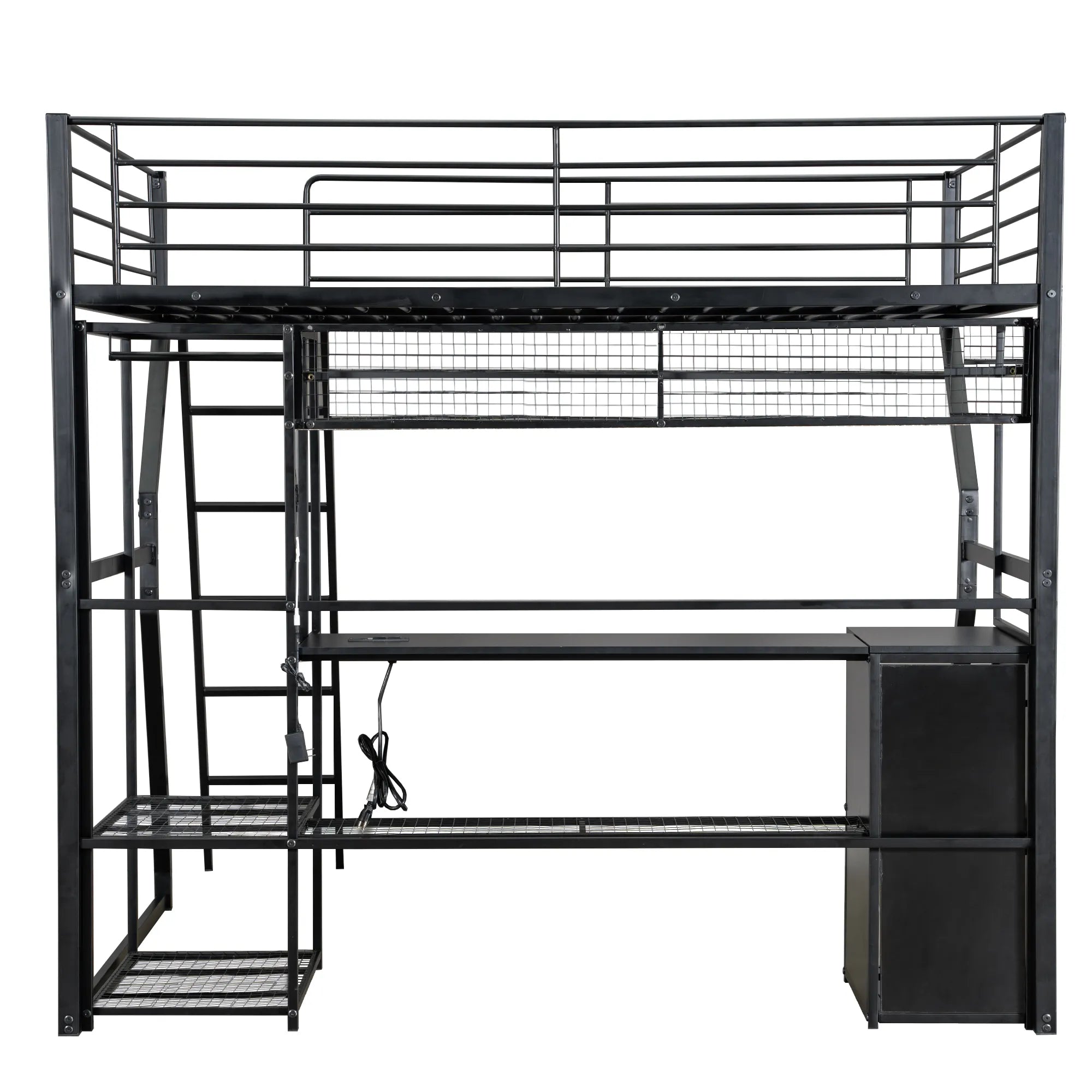 Bellemave® Full Size Metal Gaming Loft Bed with Built - in Work Station, Open Wardrobe, LED and Multiple Storage - Bellemave