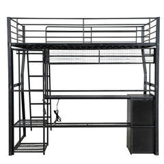 Bellemave® Full Size Metal Gaming Loft Bed with Built - in Work Station, Open Wardrobe, LED and Multiple Storage - Bellemave
