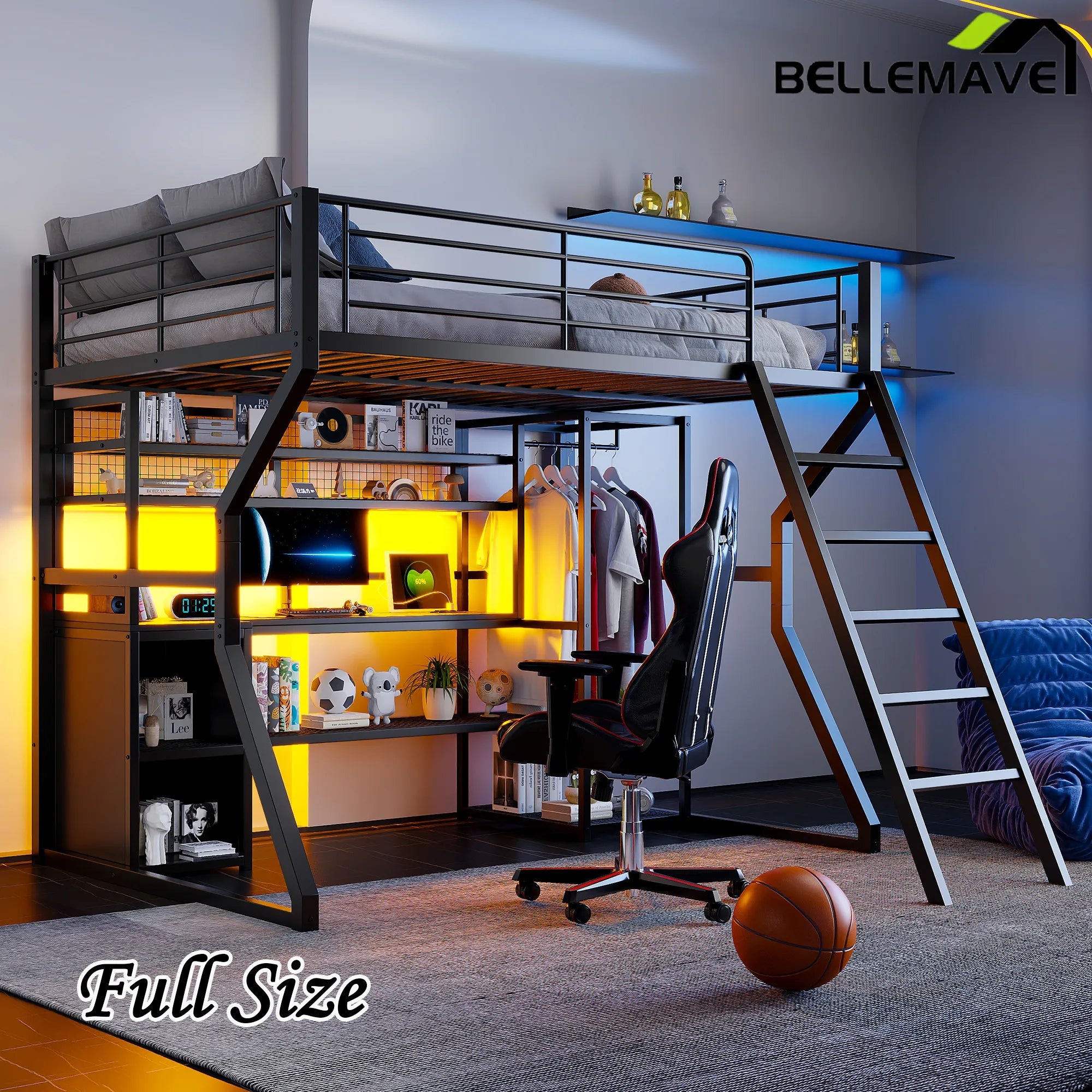 Bellemave® Full Size Metal Gaming Loft Bed with Built - in Work Station, Open Wardrobe, LED and Multiple Storage - Bellemave