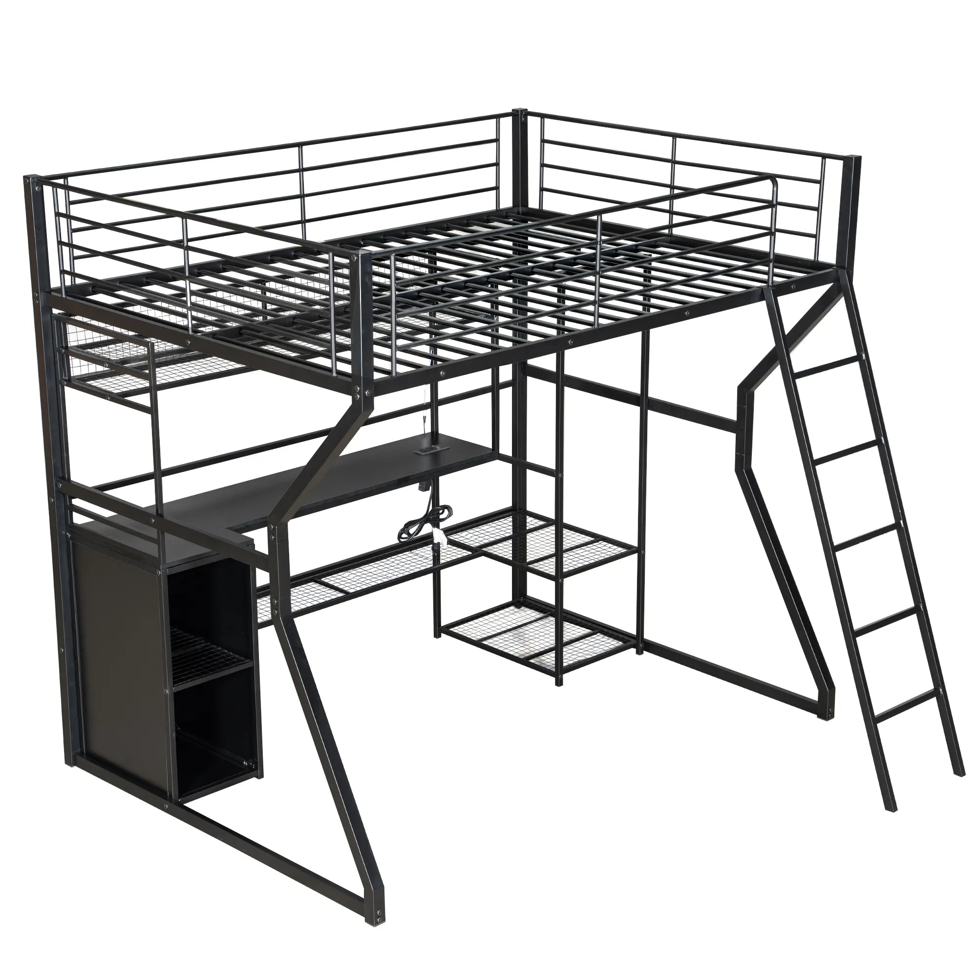 Bellemave® Full Size Metal Gaming Loft Bed with Built - in Work Station, Open Wardrobe, LED and Multiple Storage - Bellemave