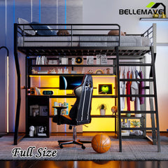 Bellemave® Full Size Metal Gaming Loft Bed with Built - in Work Station, Open Wardrobe, LED and Multiple Storage - Bellemave
