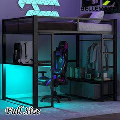 Bellemave® Full Size Metal Gaming Loft Bed with LED, Desk, Open Wardrobe and 3 Linen Storage Drawers - Bellemave