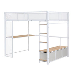 Bellemave® Full Size Metal Gaming Loft Bed with LED, Desk, Open Wardrobe and 3 Linen Storage Drawers - Bellemave