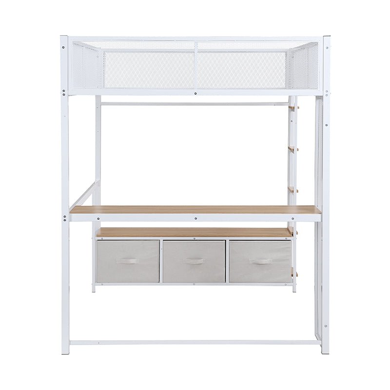 Bellemave® Full Size Metal Gaming Loft Bed with LED, Desk, Open Wardrobe and 3 Linen Storage Drawers - Bellemave