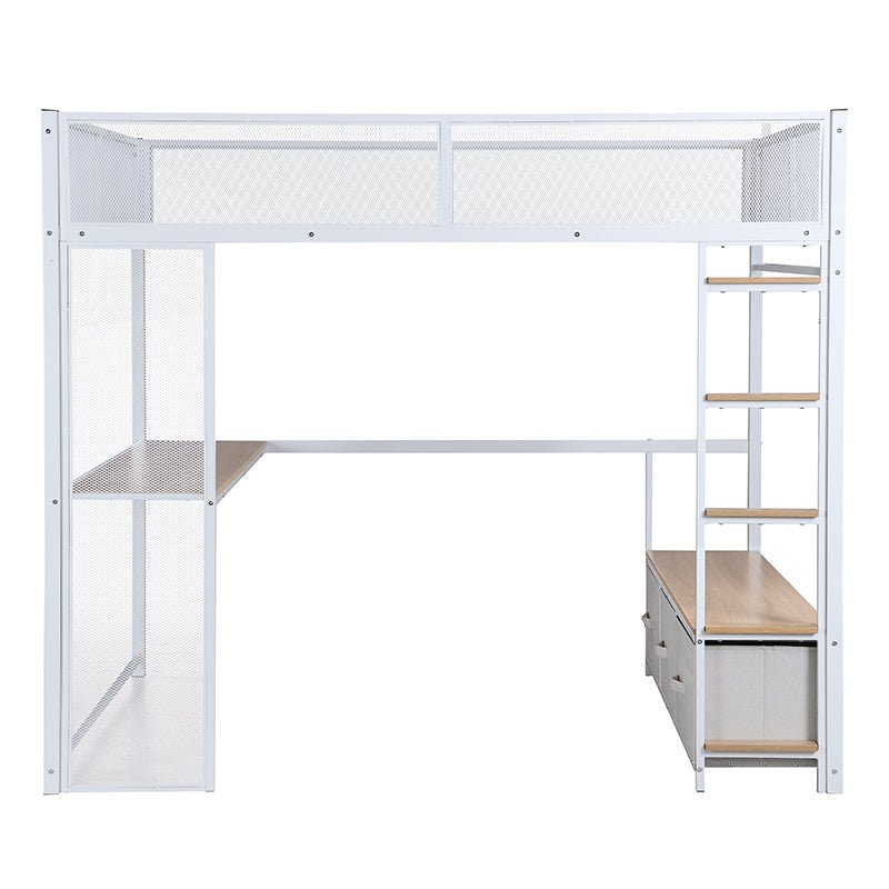 Bellemave® Full Size Metal Gaming Loft Bed with LED, Desk, Open Wardrobe and 3 Linen Storage Drawers - Bellemave