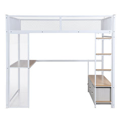 Bellemave® Full Size Metal Gaming Loft Bed with LED, Desk, Open Wardrobe and 3 Linen Storage Drawers - Bellemave