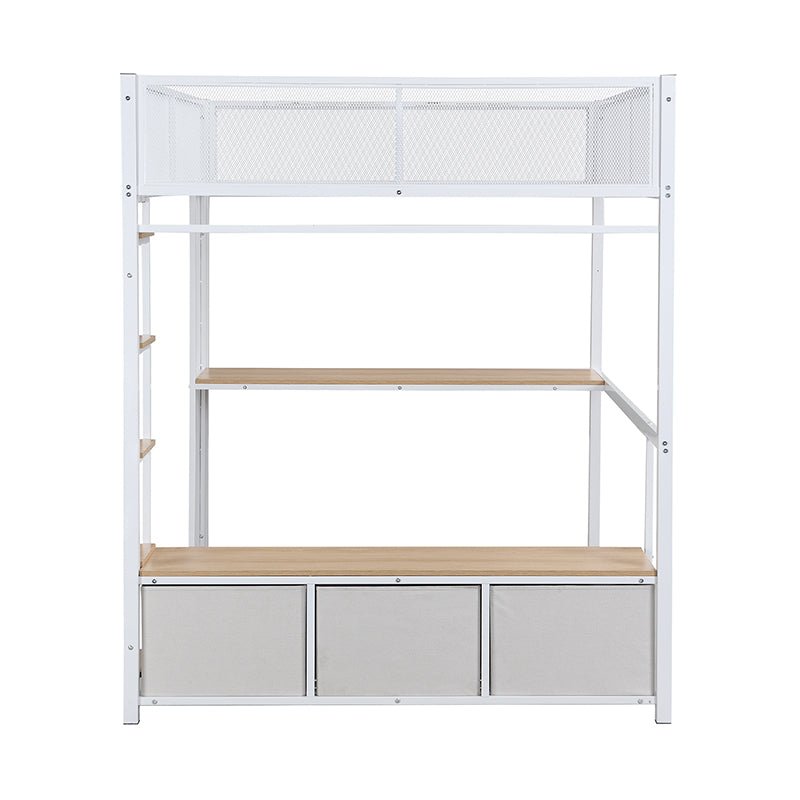 Bellemave® Full Size Metal Gaming Loft Bed with LED, Desk, Open Wardrobe and 3 Linen Storage Drawers - Bellemave