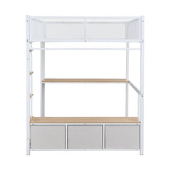 Bellemave® Full Size Metal Gaming Loft Bed with LED, Desk, Open Wardrobe and 3 Linen Storage Drawers - Bellemave
