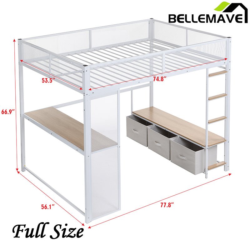 Bellemave® Full Size Metal Gaming Loft Bed with LED, Desk, Open Wardrobe and 3 Linen Storage Drawers - Bellemave