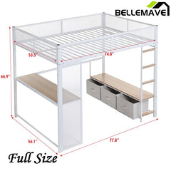 Bellemave® Full Size Metal Gaming Loft Bed with LED, Desk, Open Wardrobe and 3 Linen Storage Drawers - Bellemave