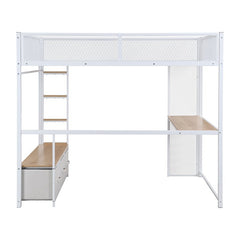 Bellemave® Full Size Metal Gaming Loft Bed with LED, Desk, Open Wardrobe and 3 Linen Storage Drawers - Bellemave