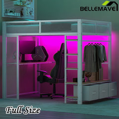 Bellemave® Full Size Metal Gaming Loft Bed with LED, Desk, Open Wardrobe and 3 Linen Storage Drawers - Bellemave