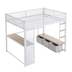 Bellemave® Full Size Metal Gaming Loft Bed with LED, Desk, Open Wardrobe and 3 Linen Storage Drawers - Bellemave