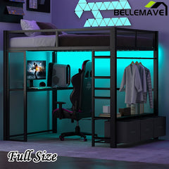Bellemave® Full Size Metal Gaming Loft Bed with LED, Desk, Open Wardrobe and 3 Linen Storage Drawers - Bellemave