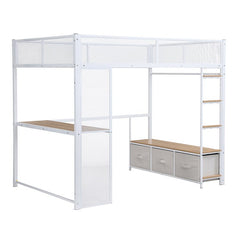 Bellemave® Full Size Metal Gaming Loft Bed with LED, Desk, Open Wardrobe and 3 Linen Storage Drawers - Bellemave