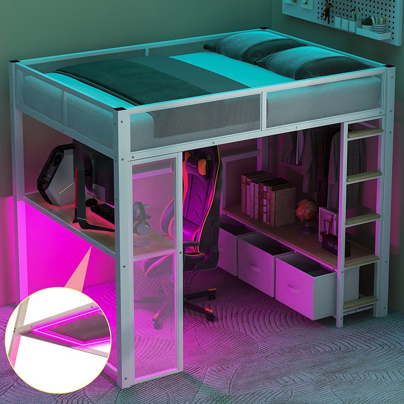 Bellemave® Full Size Metal Gaming Loft Bed with LED, Desk, Open Wardrobe and 3 Linen Storage Drawers - Bellemave