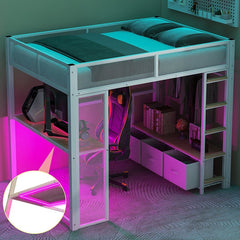 Bellemave® Full Size Metal Gaming Loft Bed with LED, Desk, Open Wardrobe and 3 Linen Storage Drawers - Bellemave