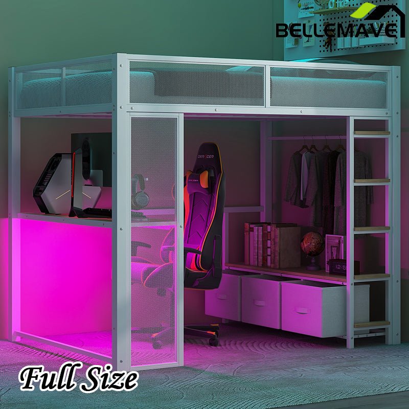 Bellemave® Full Size Metal Gaming Loft Bed with LED, Desk, Open Wardrobe and 3 Linen Storage Drawers - Bellemave